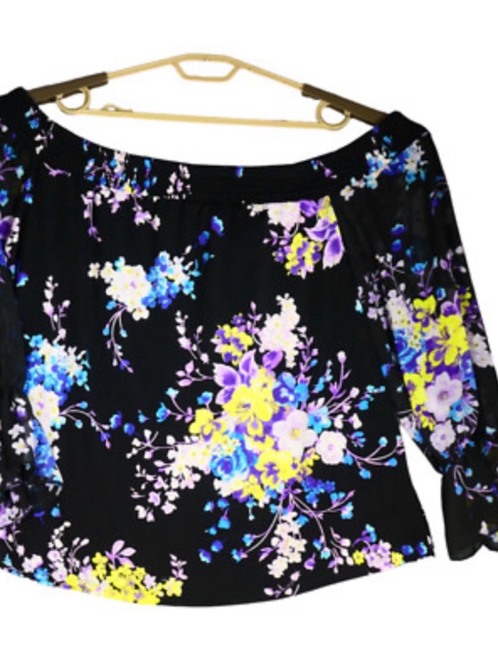 torrid Black Floral Off-Shoulder top with Yellow & Lavender Blooms